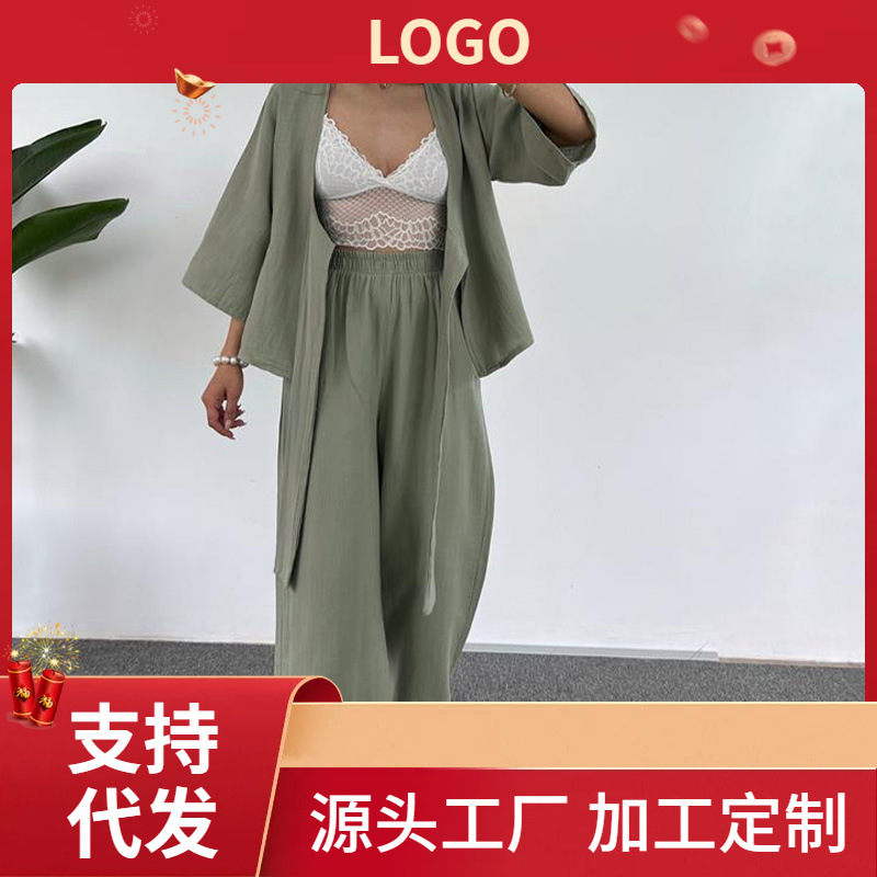 European and American Temhiyin Cross-border Foreign Trade Women's Casual Loose suit Lace-up Seven-sleeve Cardigan Pants Two-piece Set
