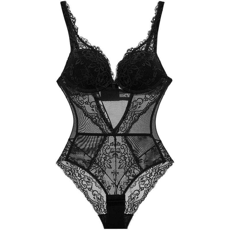 French style one-piece underwear sexy temptation transparent lace slim-fit jumpsuit small chest gathered micro-shaping jumpsuit