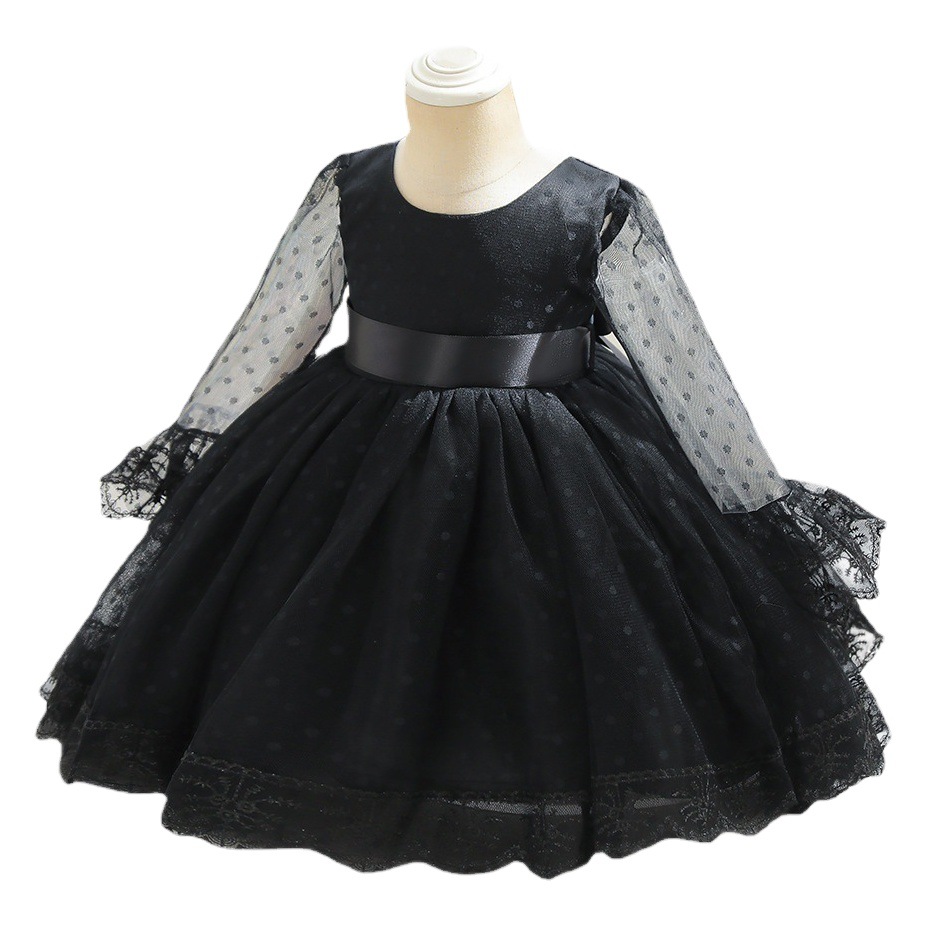 Foreign Trade New European and American Middle East Mid-Sleeve Mesh Dress Baby's Birthday Dress with Hairpin Girl's Wedding Dress