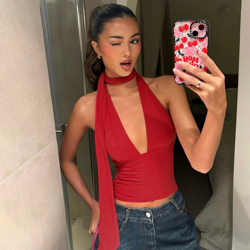 2025 Summer Hot Selling European and American Cross-border Women's Scarf Lace-up Solid Color Sexy Deep V Backless Slim-fit Sling Top