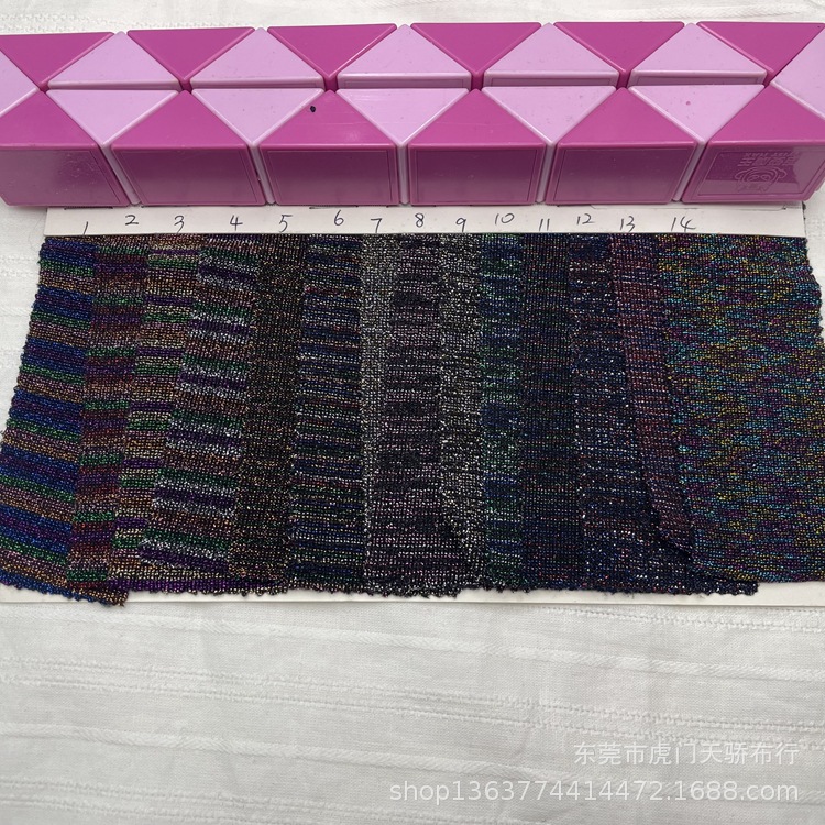 Spot supply of knitted gold and silver thread series bright silk cloth colorful horizontal bar gold and silver thread fashion base shirt Women's material