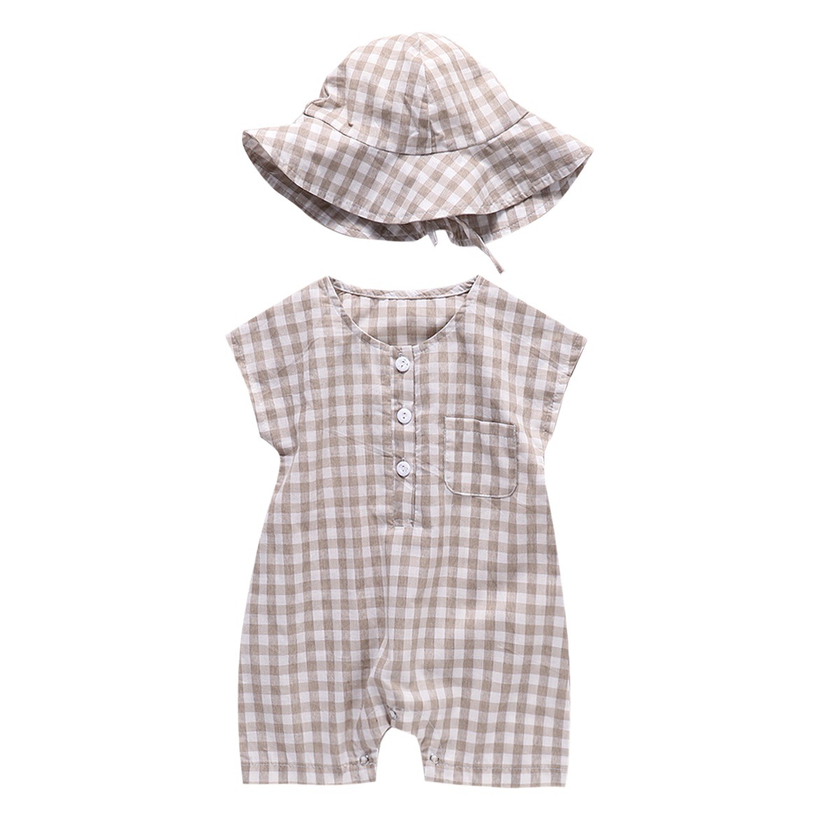 Children's Wear Plaid Vest Climbing Clothing for Male Baby Korean Style Open Chest Pocket One-piece Hassel Outer Wear Thin Sunshade Hat for Summer