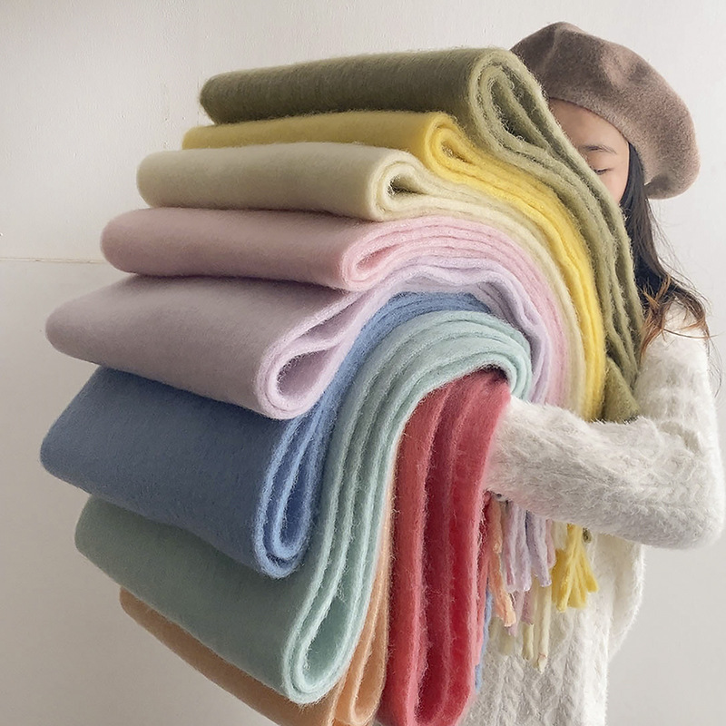Picture of Winter monochrome plush heavy weight soft fluffy lazy wind solid color large pulled wool warm scarf for students couple