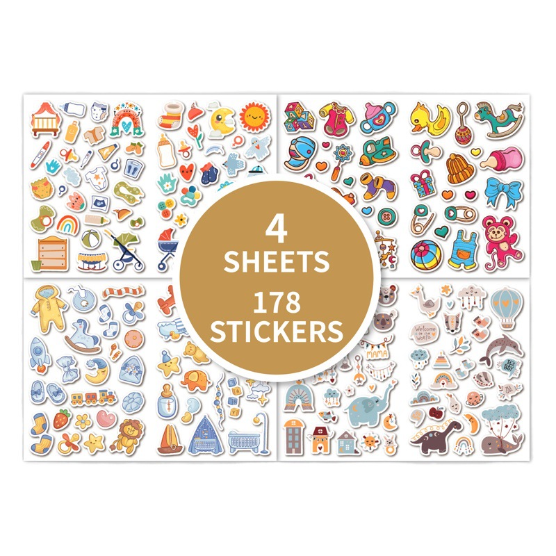 Cross-border baby scrapbook stickers 4 sheets 178PCs growth record baby element hand account album decorative stickers
