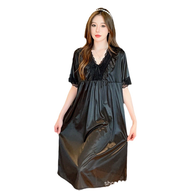 Cross-border summer ice silk nightdress for women plus size sexy sexy pajamas short sleeve lace large swing dress single loose home