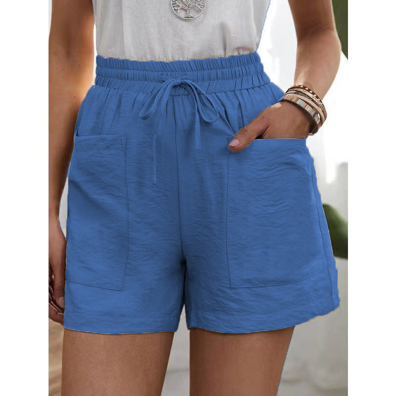 Picture of European and American Cross-Border Wish Summer Women's Popular Linen Texture Casual Shorts with Pockets, Solid Color, Plus Size, High-Waisted Wide-Leg Pants