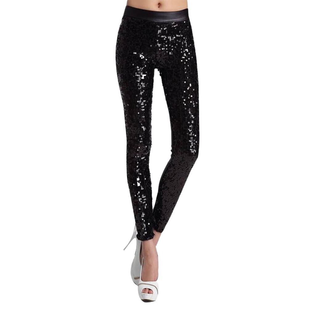 Picture of European and American spring new high waist faux leather pants stage performance Women's fashion high waist sequined leggings cropped pants