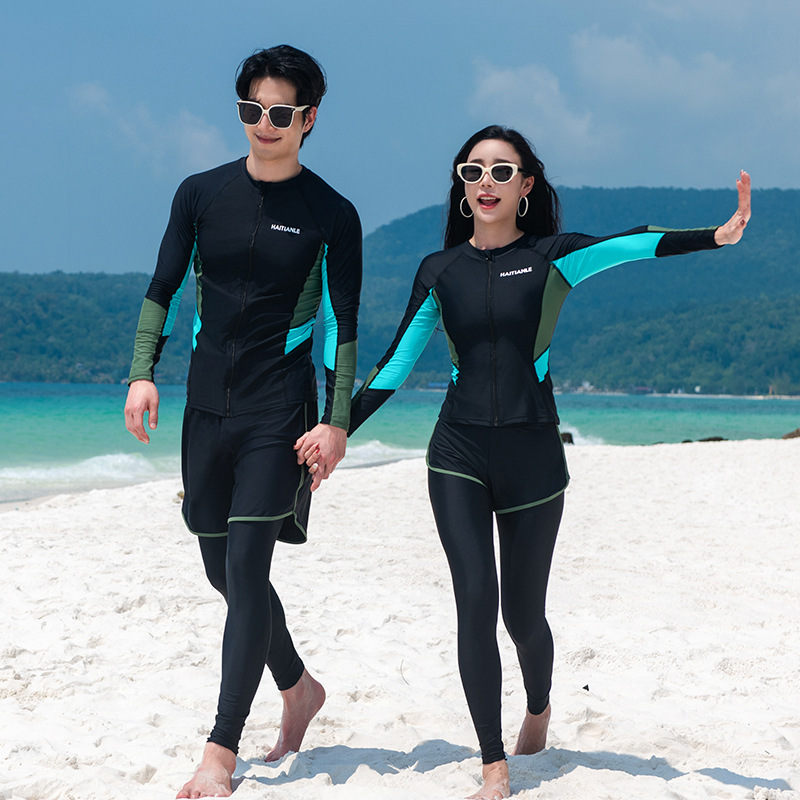 2025 New Couple Fashion Swimsuit Split Long Sleeve Trousers suit Color Matching Diving Suit Surfing Beach