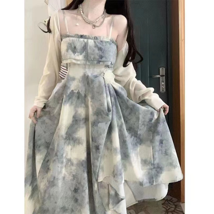 Picture of Retro ink painting chest-wrapped sling dress women's 2023 summer tea break off-neck high waist elegant sweet dress