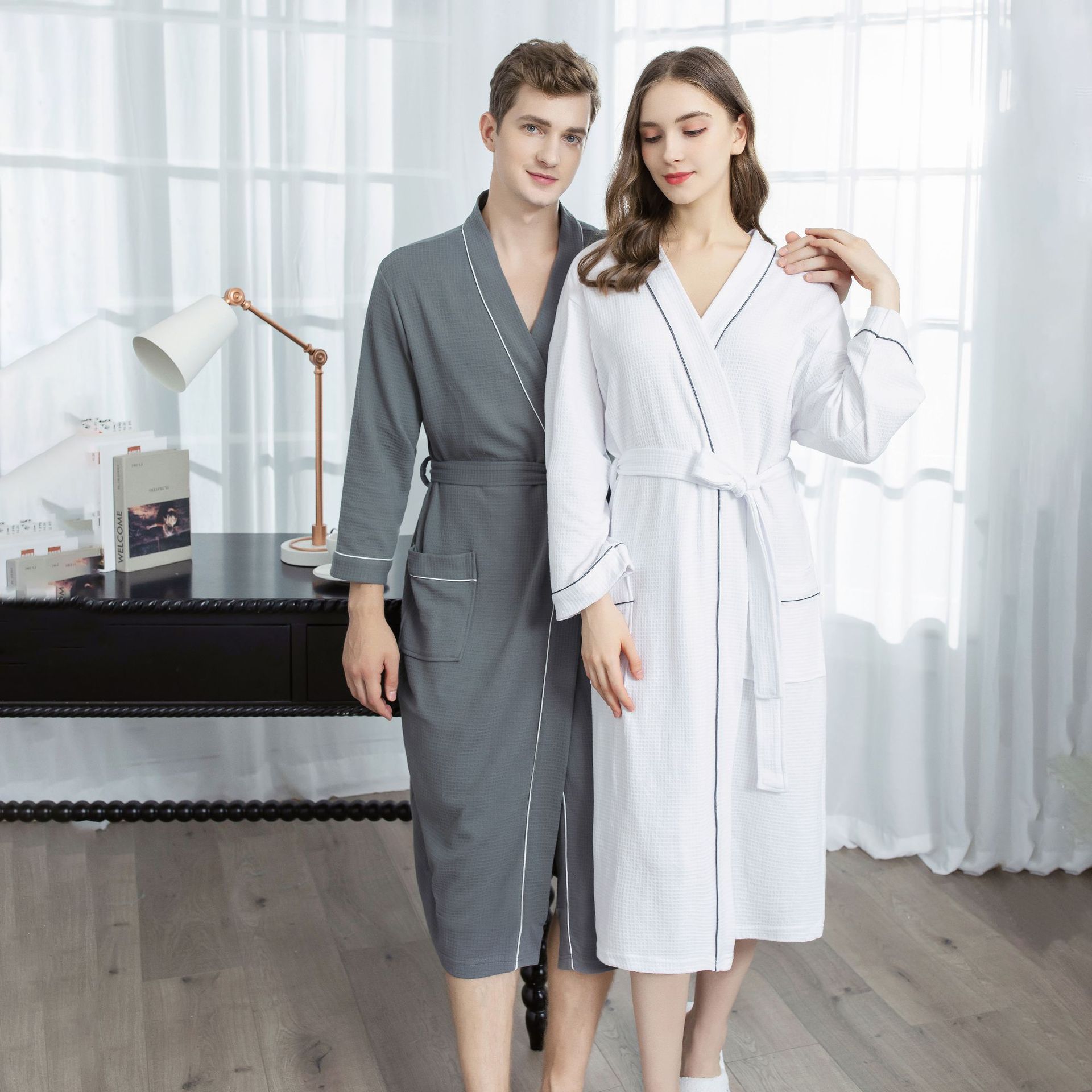 Spring and Autumn Japanese Bathrobe Women's Long Couple's Thin Waffe Absorbent Bathrobe Polyester Cotton Waffe Bathrobe Nightgown