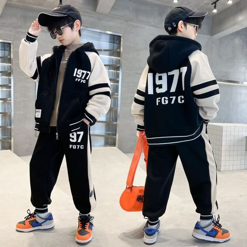 Boys' Double-sided fleece-lined Thickened Gold Velvet suit Large Children's Zipper Cardigan Sports Casual Winter Two-piece Set