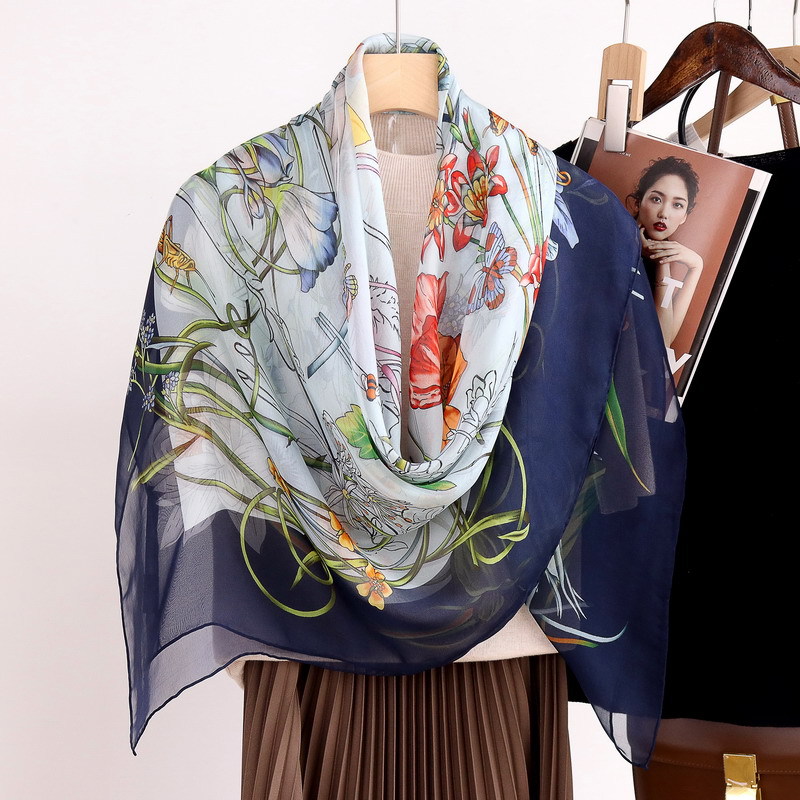 Elegant and Elegant Flower Branches Simple Silk Chiffon Large Square Scarf Mulberry Silk Thin Scarf Women's Summer Sunscreen Shawl