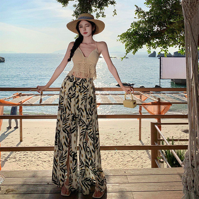 Picture of Bohemian beach culottes women's summer seaside wear thin split wide-leg pants floral draping mop pants trousers