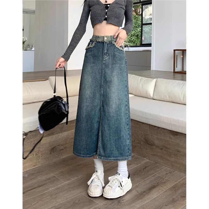 Vintage Split Denim Skirt Women's Spring and Summer 2024 New High Waist Slimming Mid-length A- line Hip Skirt