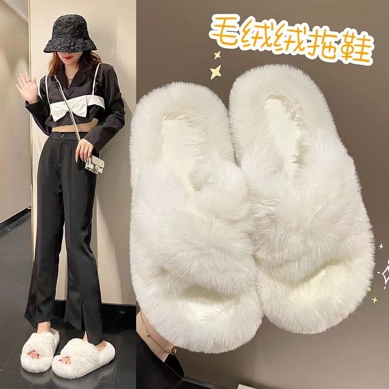 4cm Thick-Soled Outer Wear Plush Slippers for Women's Home Indoor Cotton Slippers Export Wholesale Plush Shoes for Home Leisure
