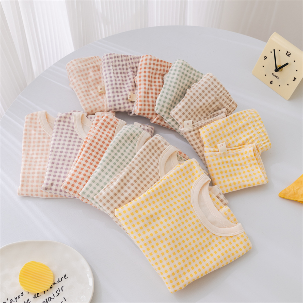 Picture of ins Plaid children's home wear underwear suit boys and girls baby bottoming clothes children's autumn clothes long pants suit