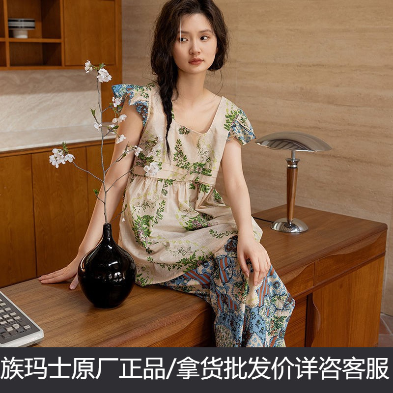 Family Masai Summer Short-sleeved Pajamas Women's Cotton Floral plus size Loose Home Clothes suit Spring and Summer Thin 120