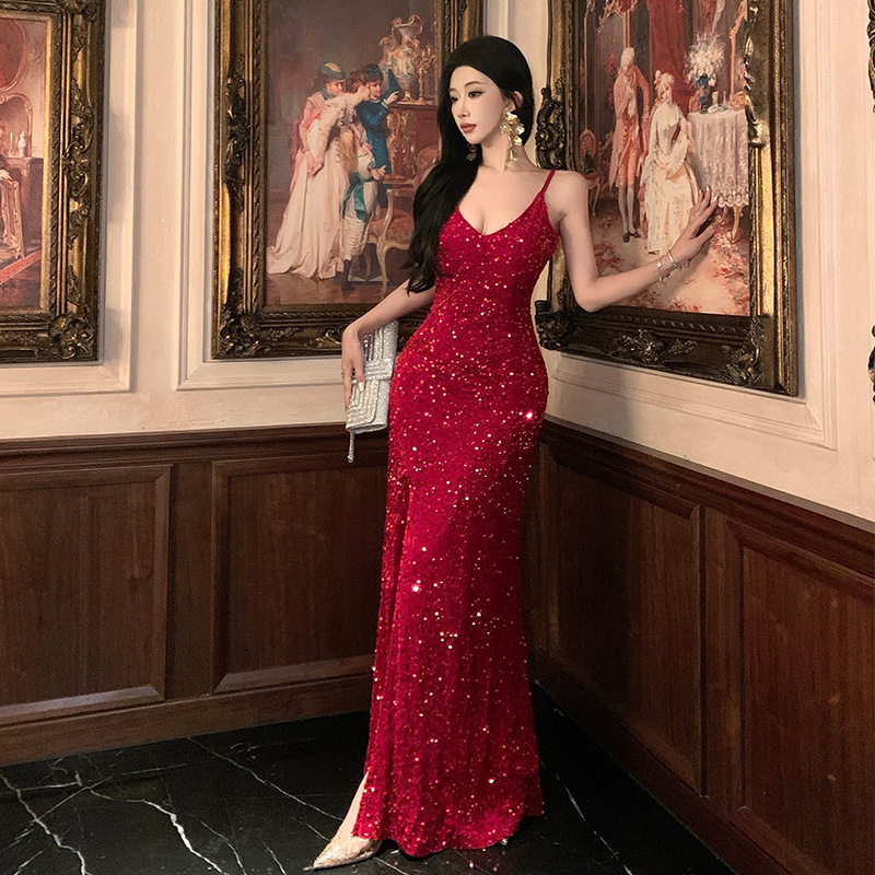 Picture of 2025 Christmas Evening Dress Red Sequins dress Sexy Split Annual Meeting Dress Adult Ceremony Dress Fishtail