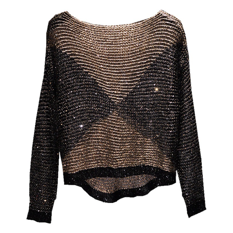 Cross-border Hot Selling European and American Hollow Sequins Loose Knitwear Pullover Bright Silk Base Shirt Long Sleeve Round Neck Top for Women