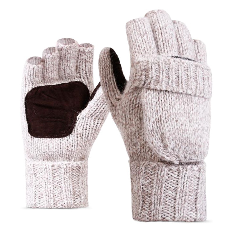 Winter Wool Warm Half-Finger Flip-Up Gloves Double-Layer Wrist Windproof Palm Goatskin Wear-Resistant Touch Screen Wool Gloves