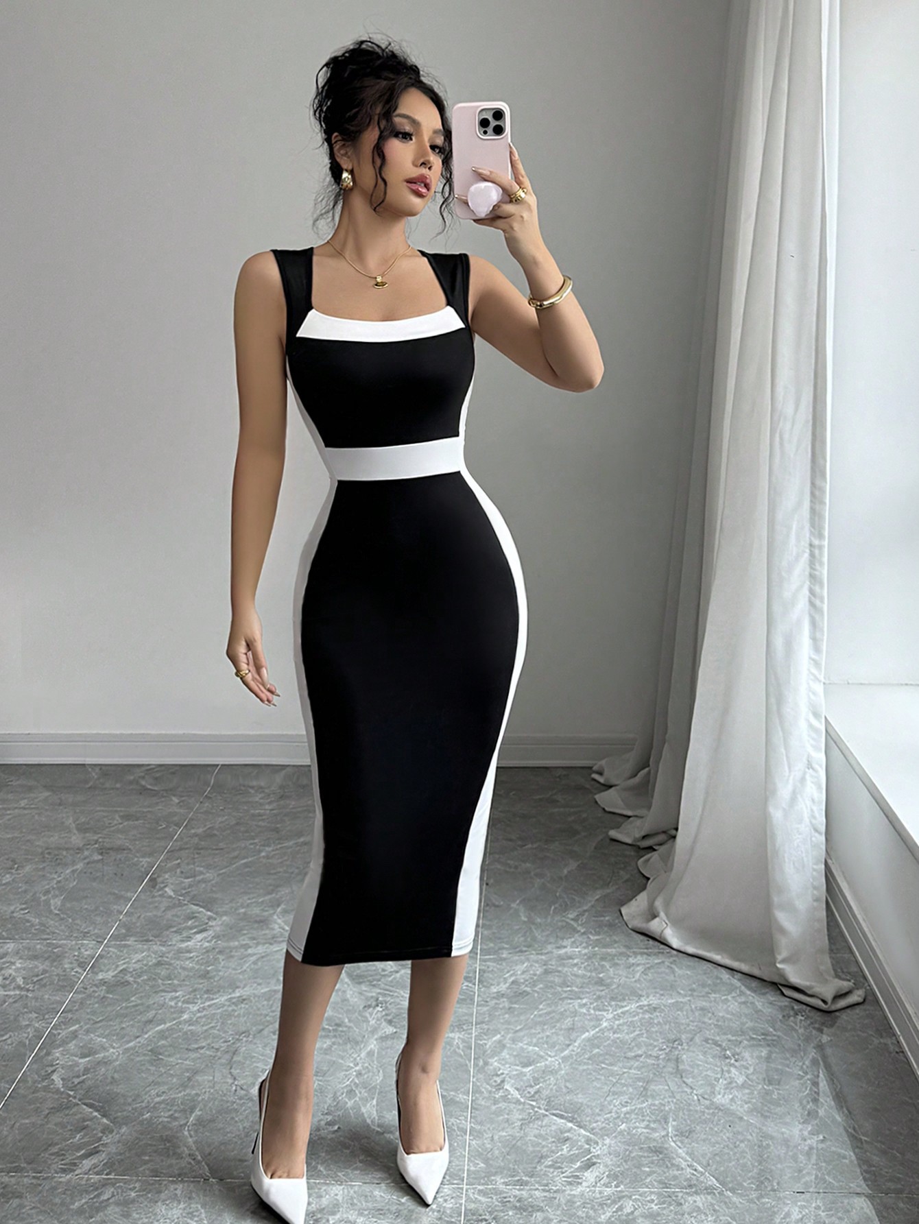 2025 summer new Amazon cross-border women's clothing royal elder sister intellectual style dress square collar suspender contrast color dress