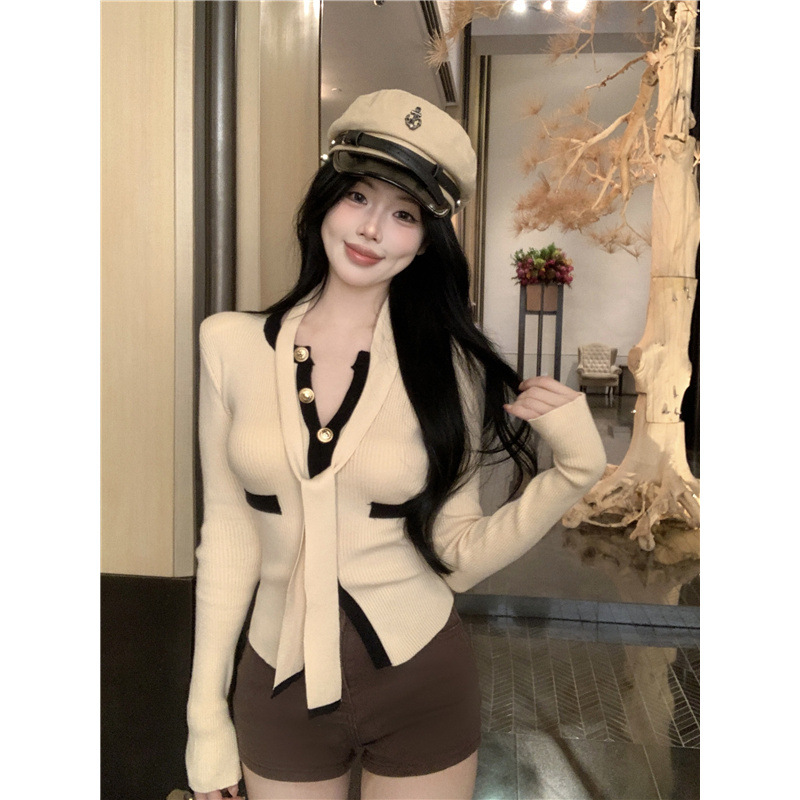 Real Price Slim Slim Strap Split Long Sleeve Knitwear Cardigan Top Women