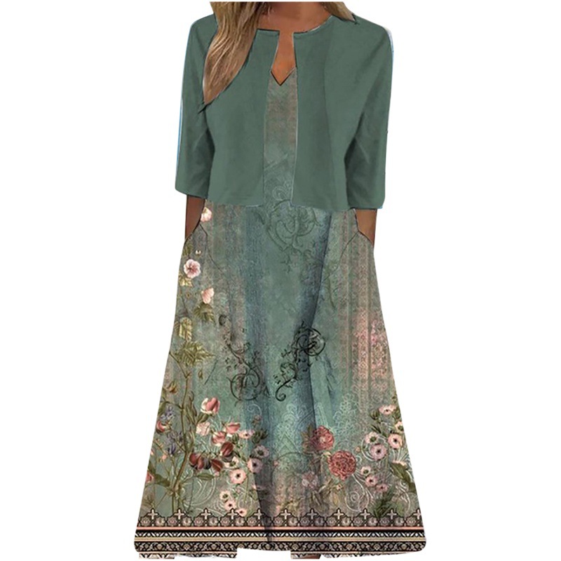 [Large Size] Ethnic Style Elegant Floral Print Vest Dress with Mid-Sleeve Cardigan Jacket Two-Piece Set