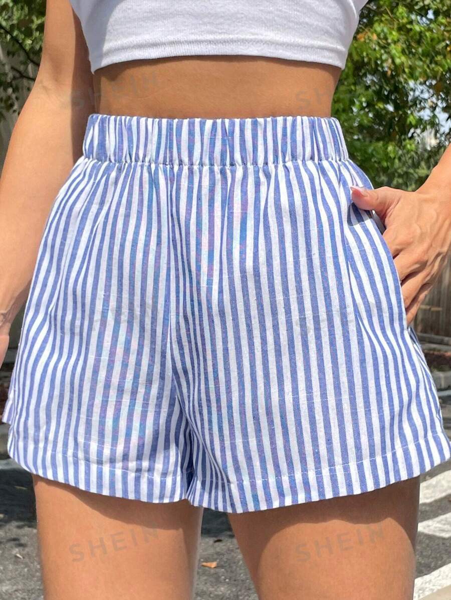 Cross-border exclusive for 2025 European and American fashion wear vertical stripes mid-waist wide leg pants beach summer women's super shorts in stock