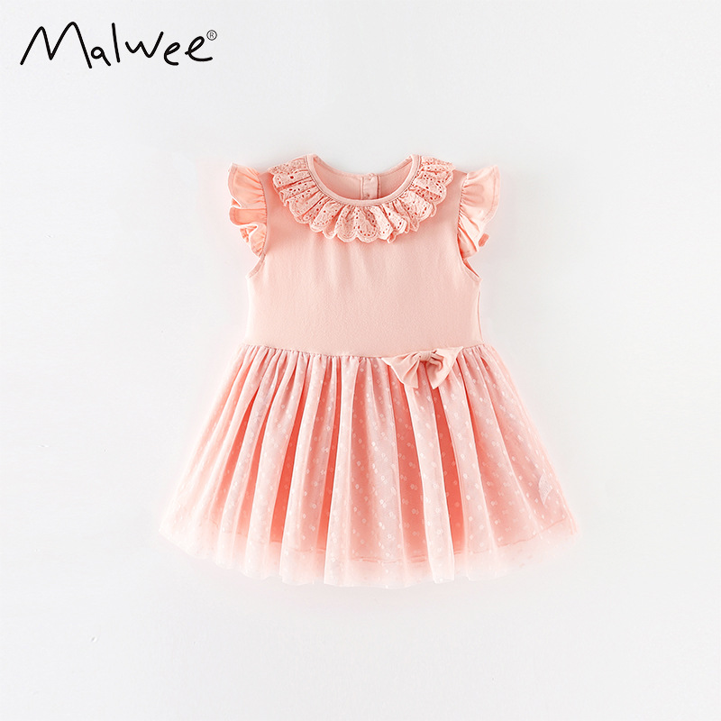 in stock malwee summer European and American children's children's clothing solid color little girl cotton short sleeve princess skirt children's dress