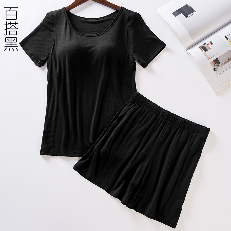 Picture of Modal Women's Padded Short-Sleeved Pajamas Set Bra-T All-In-One Bra-Free Half-Sleeved Loose Shorts Home Clothes
