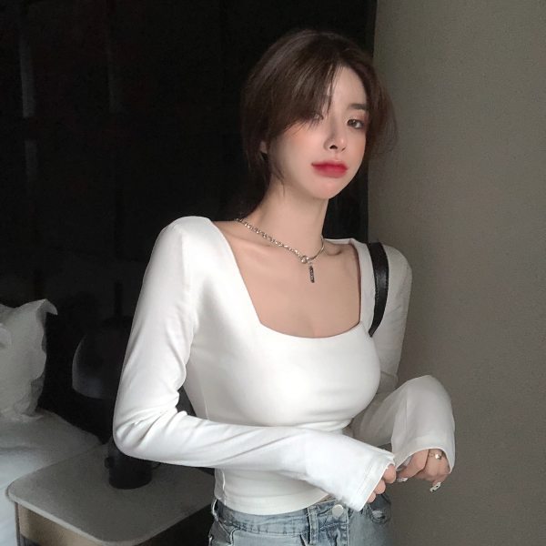 T-Shirt Women's Short White Slim Long-Sleeved Inner Layering Shirt 2025 Autum New Sexy Square Collar Tight Top