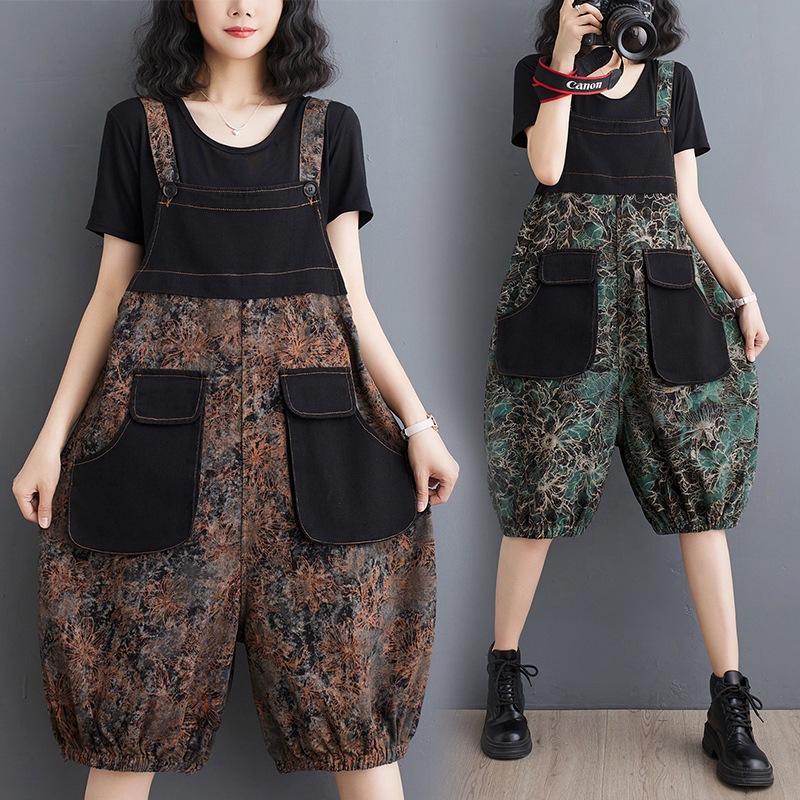 Real Shot in stock 2025 Summer New Loose plus size Retro Printed Large Pocket Five-point Over-the-knee Denim Overalls for Women