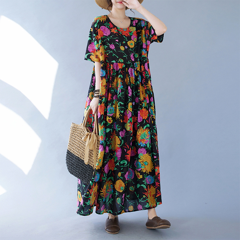 Cross-border foreign trade 2024 new artistic plus size chubby girl plus size printed short sleeve floral skirt beach dress