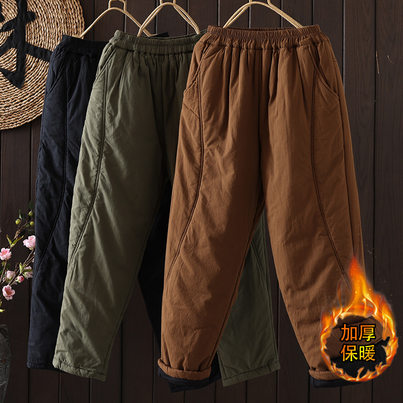 Real shot 2024 winter new cotton padded warm cotton pants women's outdoor wear literary retro elastic waist slim Harlan pants