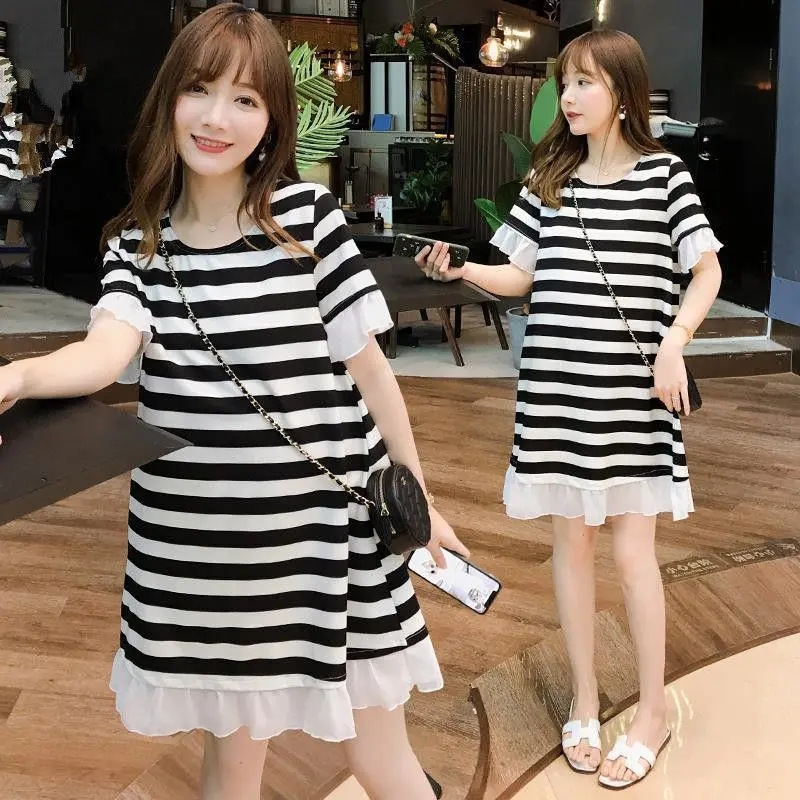 Picture of Pregnant women's T-shirt summer mid-length loose striped short sleeve dress pregnant slimming A- line skirt plus size pregnant women's skirt summer