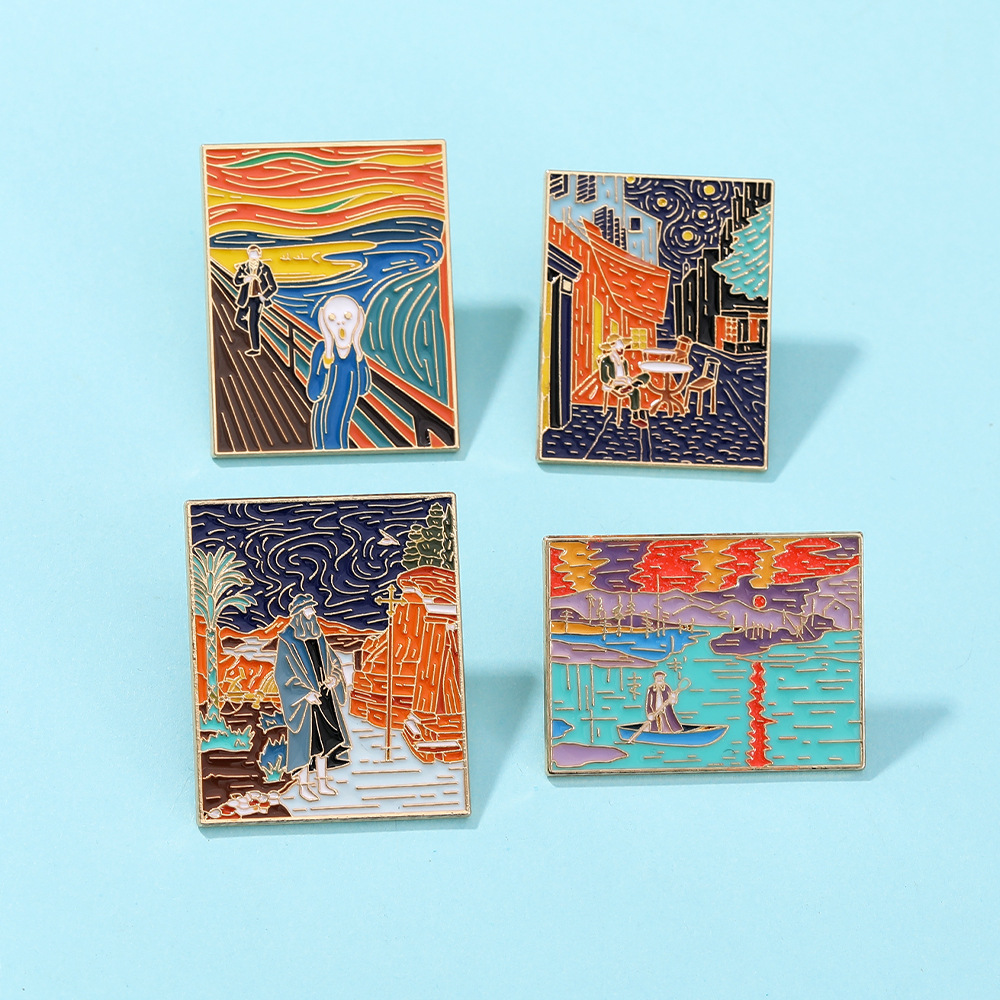 European and American Van Gogh Oil Painting Metal Badge Impression Famous Painting Clothing Brooch Art Student School Bag Accessories Source Factory