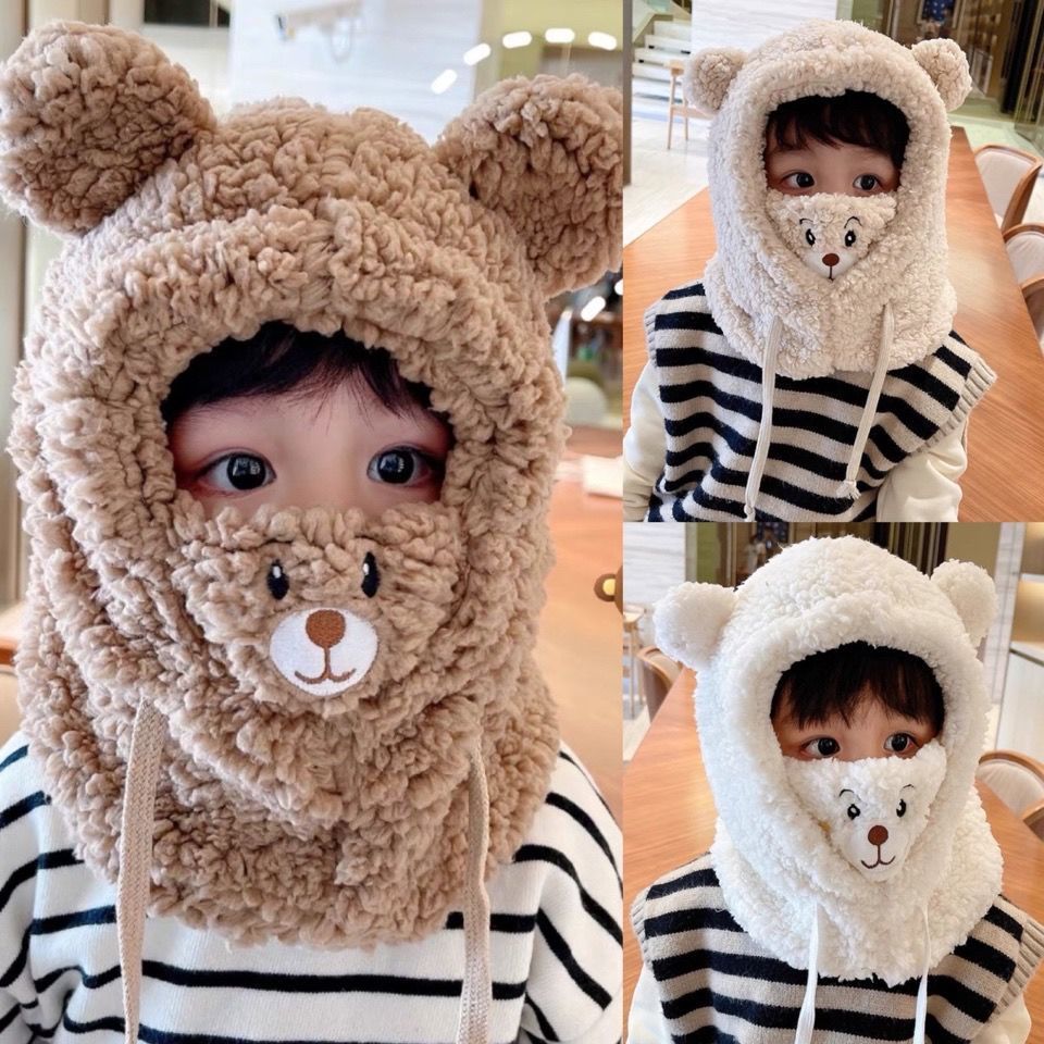 Picture of Children's hat winter warm mask scarf integrated hat parent-child fleece-lined thickened out windproof pullover hat