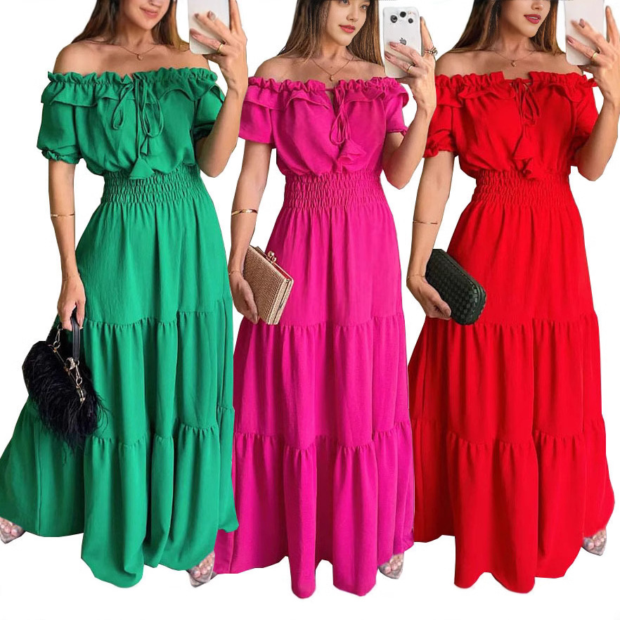 2025 cross-border foreign trade women's dress women's ruffled collar bubble short sleeve lace-up dress long