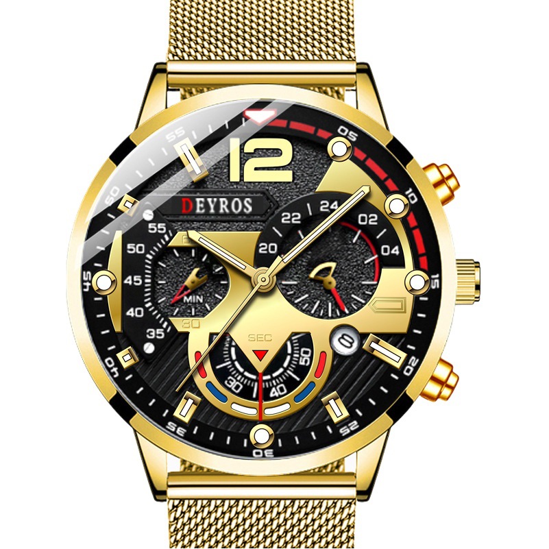 Deyros Trendyy Personalized Men's Calendar Watch Fashion Business Mesh Strap Luminous Quartz Watch Men's Watch Cross-Border Hot Model