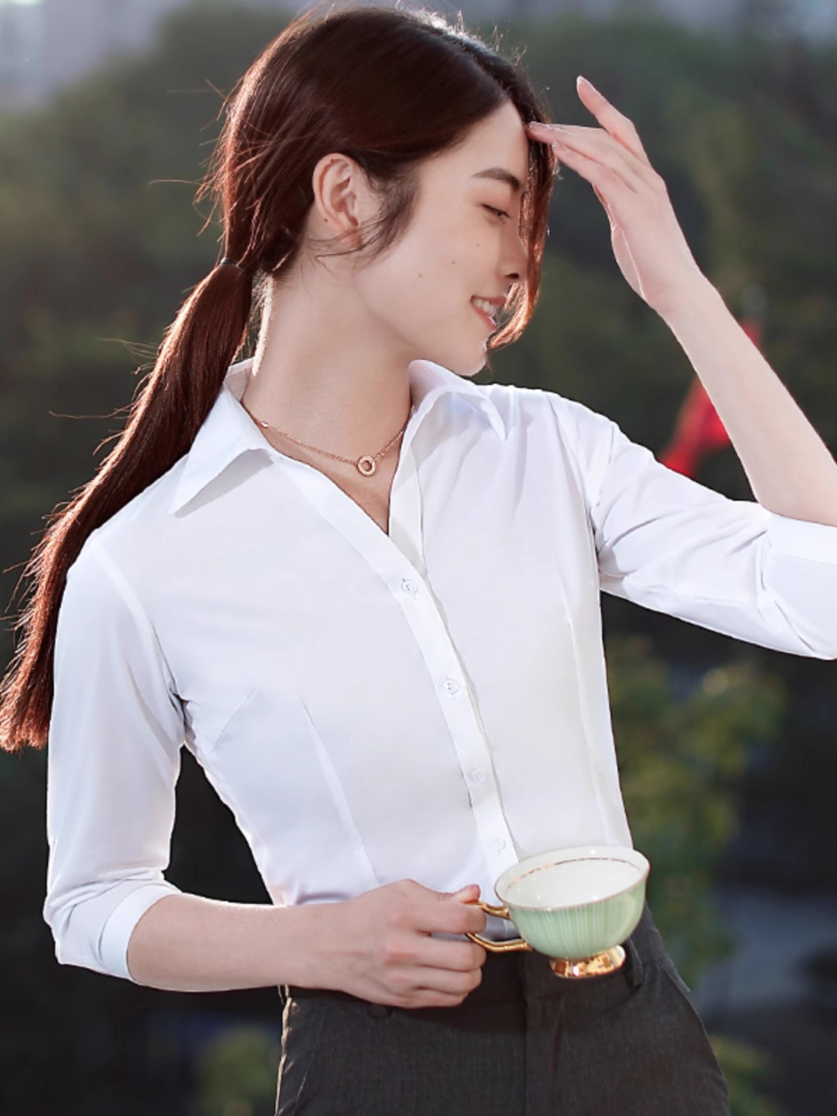 White Shirt Women's Short-Sleeved New Cotton Shirt Professional Formal Top Work Clothing Business Work Clothes Slimming Look V Neck