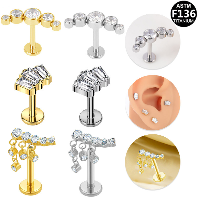 Gabei Europe and the United States cross-border hot-selling titanium alloy internal thread square zircon lip nail G23 unisex simple