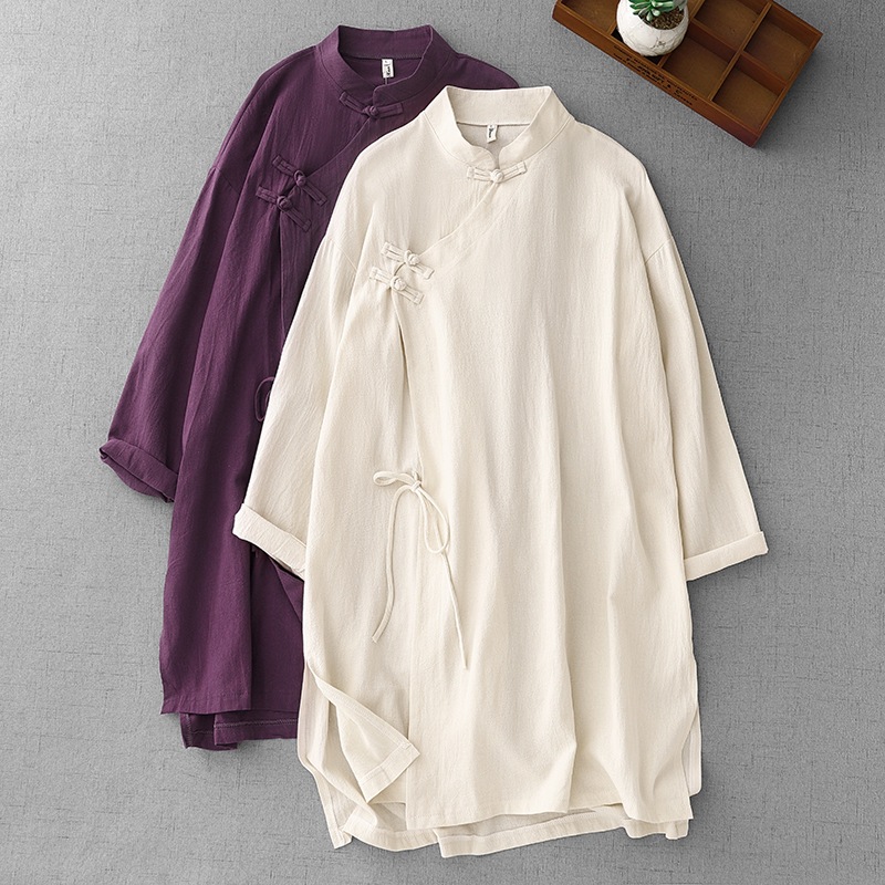 Real Shot New Chinese 2025 New Retro Chinese Style Cotton and Linen Top Mid-length Buckle Slant Placket Tether Tea Zen Suit