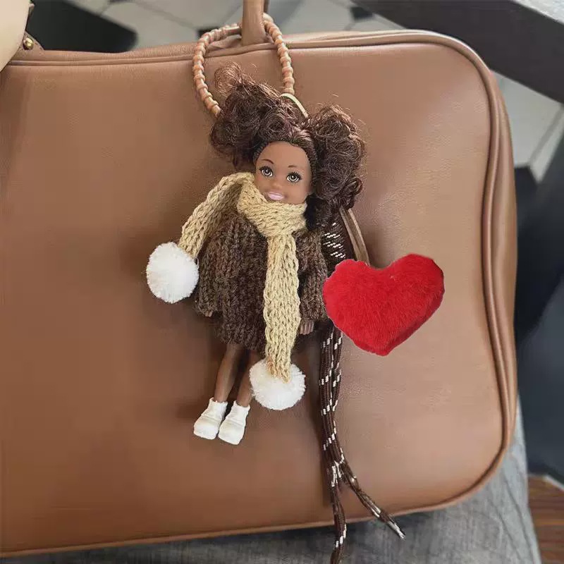 Picture of Cross-Border Curly Hair Barbie Princess Doll Bag Pendant Autumn and Winter Sweater Scarf Black Doll Keychain Pendant Trendy