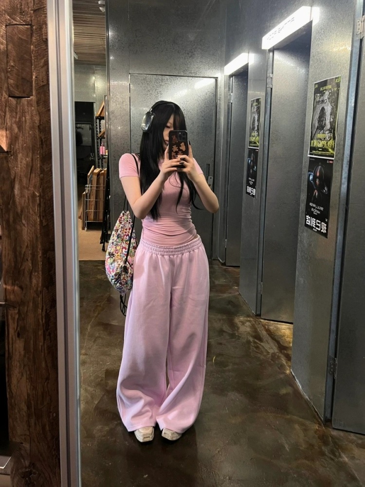 American Hot Girl Pink High-Waisted Wide-Leg Sweatpants for Women in Spring and Summer, Lazy, Loose, Casual and Versatile Floor-Length Sports Pants for Women