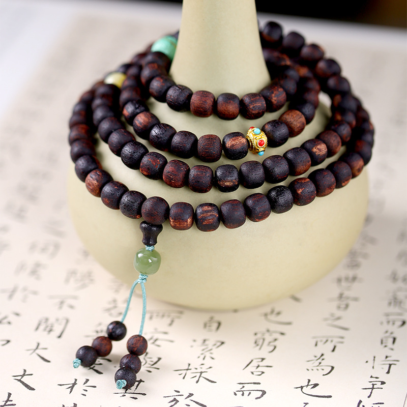 Picture of Qi Nan Xiangzhen multi-circle rosary hand-held natural Hetian jade wooden vintage bracelet ancient style bracelet wholesale