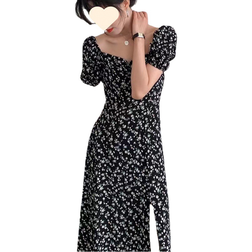 French First Love Sweet Tea Break Square Collar Bubble Sleeve Fresh Style Floral dress Black Elegant Long Dress for Children Summer