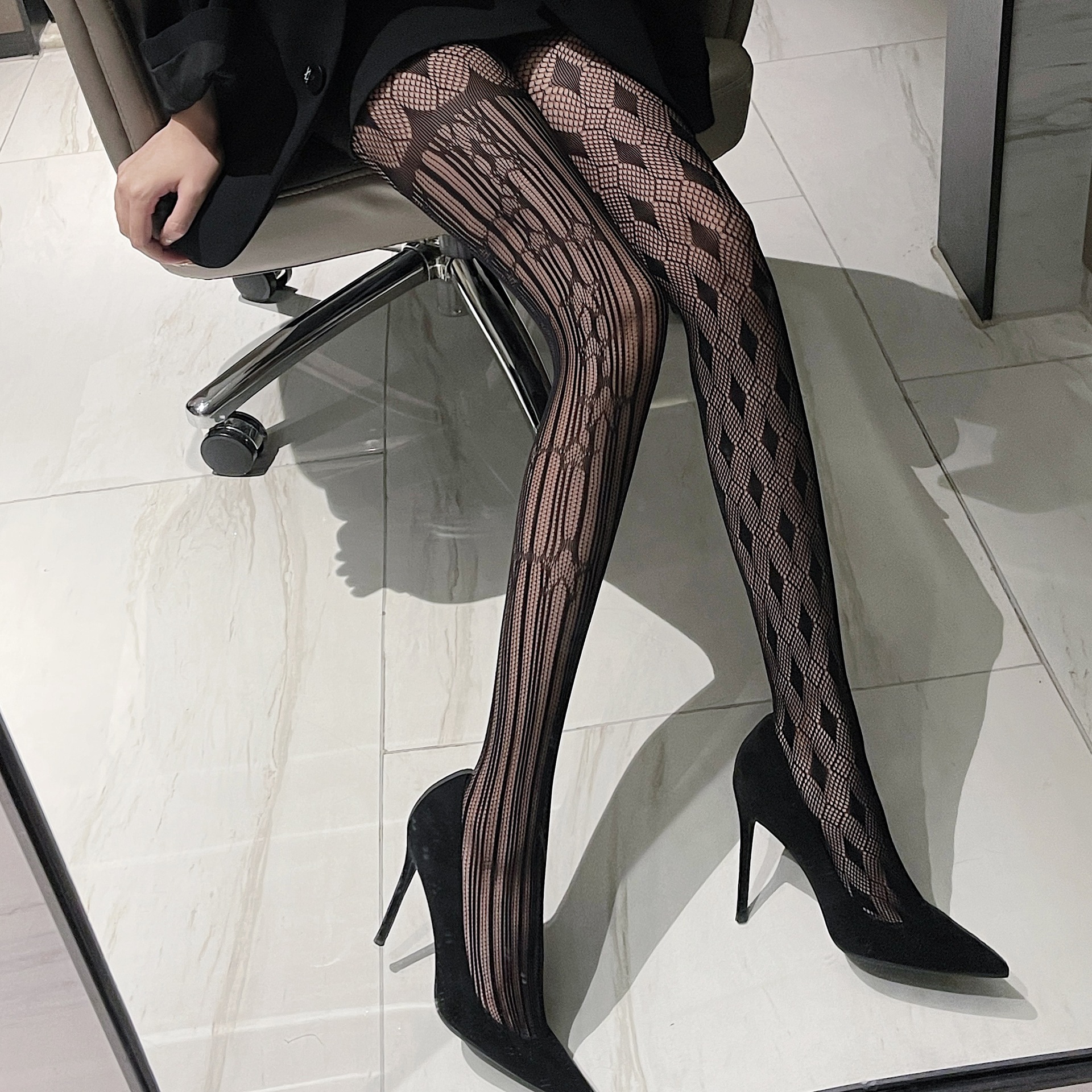 Picture of Dark Hollow Rhomboid Star Asymmetric Net Stockings Women's Pantyhose Women's Distinctive Black Silk Japanese Lolita Base Socks