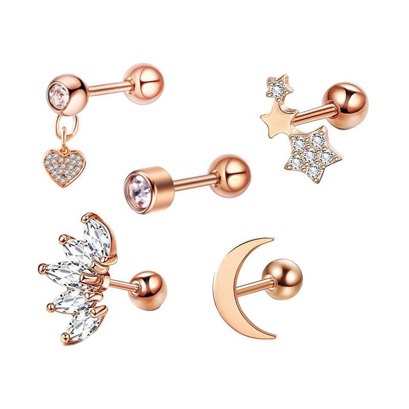 Picture of 5-Piece Set of Amazon Geometric Stainless Steel Zircon Earrings Cross-Border European and American Piercing Jewelry Silver Twisted Tooth Earrings