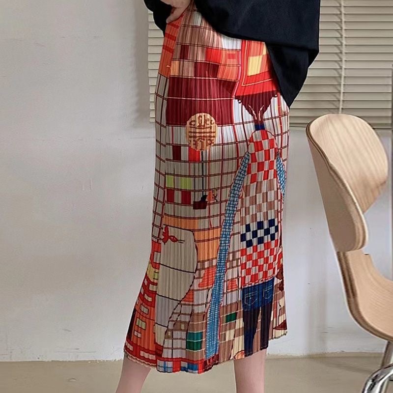 Picture of Niche design pleated skirt spring and summer thin elastic waist printed slimming age-reducing hip slit pleated skirt