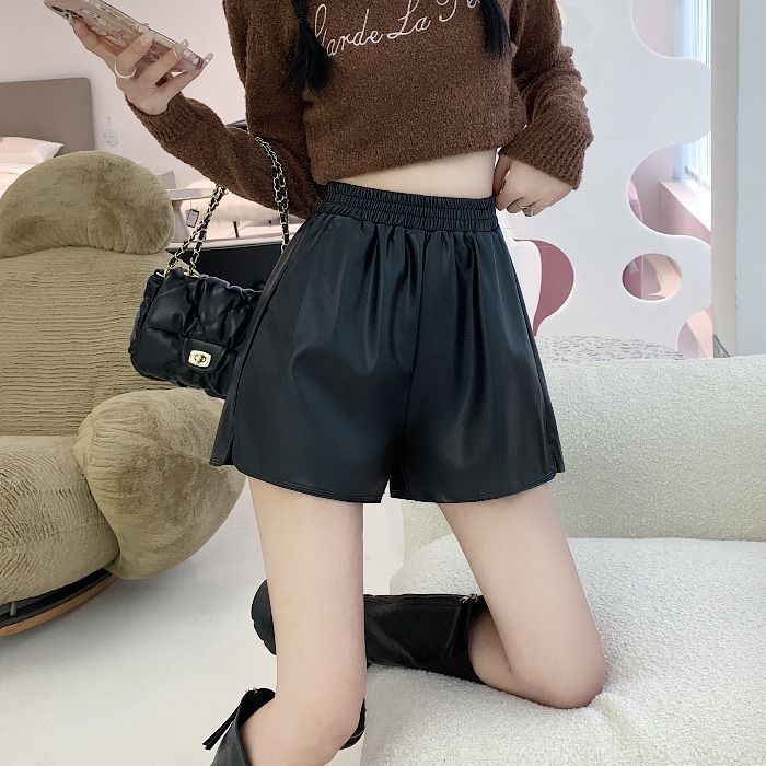 Leather Shorts Women's 2022 Fall/Winter New plus size chubby girl Wide Pants High Waist Outer Wear PU Leather Pants A- Word Casual Boots Pants